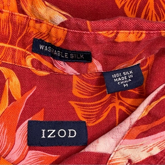 Medium Mens IZOD Silk Red/orange Tropical Hawaiian Shirt Washable Rockabilly - Picture 13 of 13